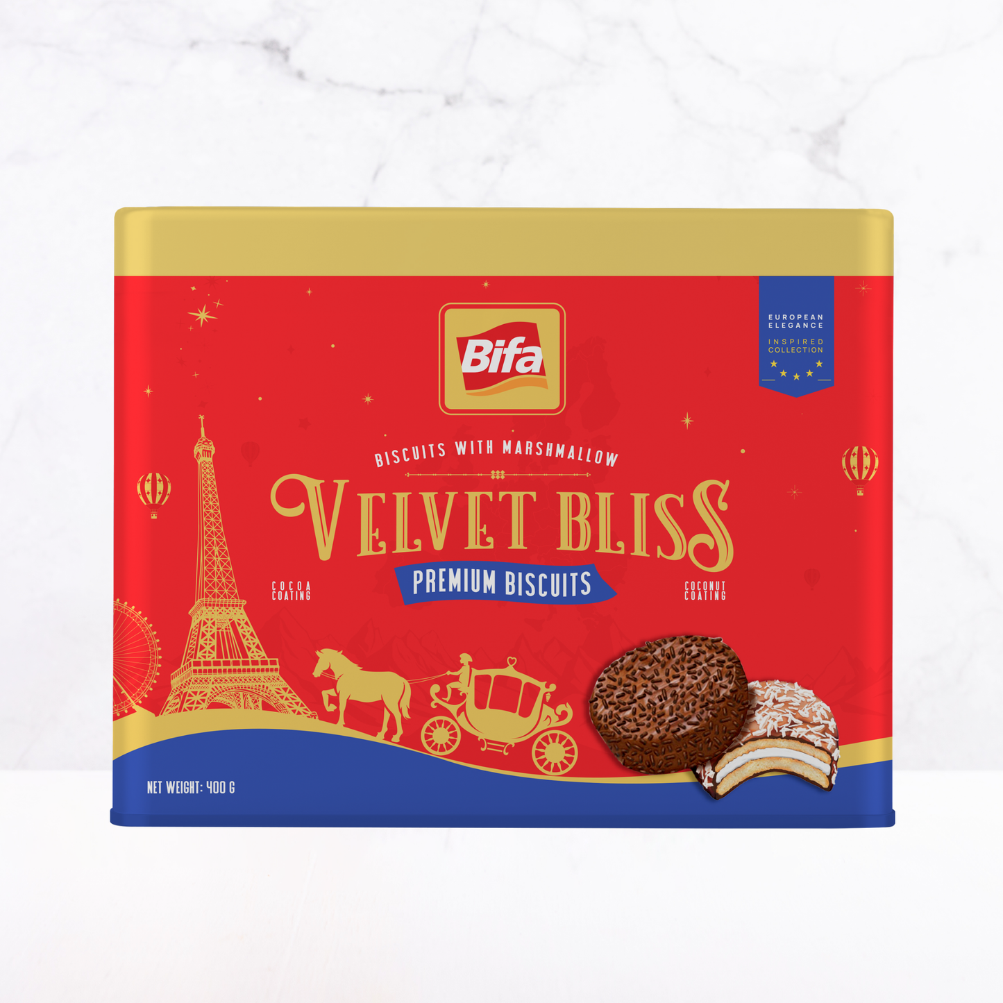 Bánh quy hỗn hợp nhân kem xốp phủ ca cao dừa Bifa Velvet Bliss 400 g