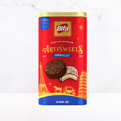 Bánh quy hỗn hợp nhân kem xốp phủ ca cao dừa Bifa Artisweets 200 g