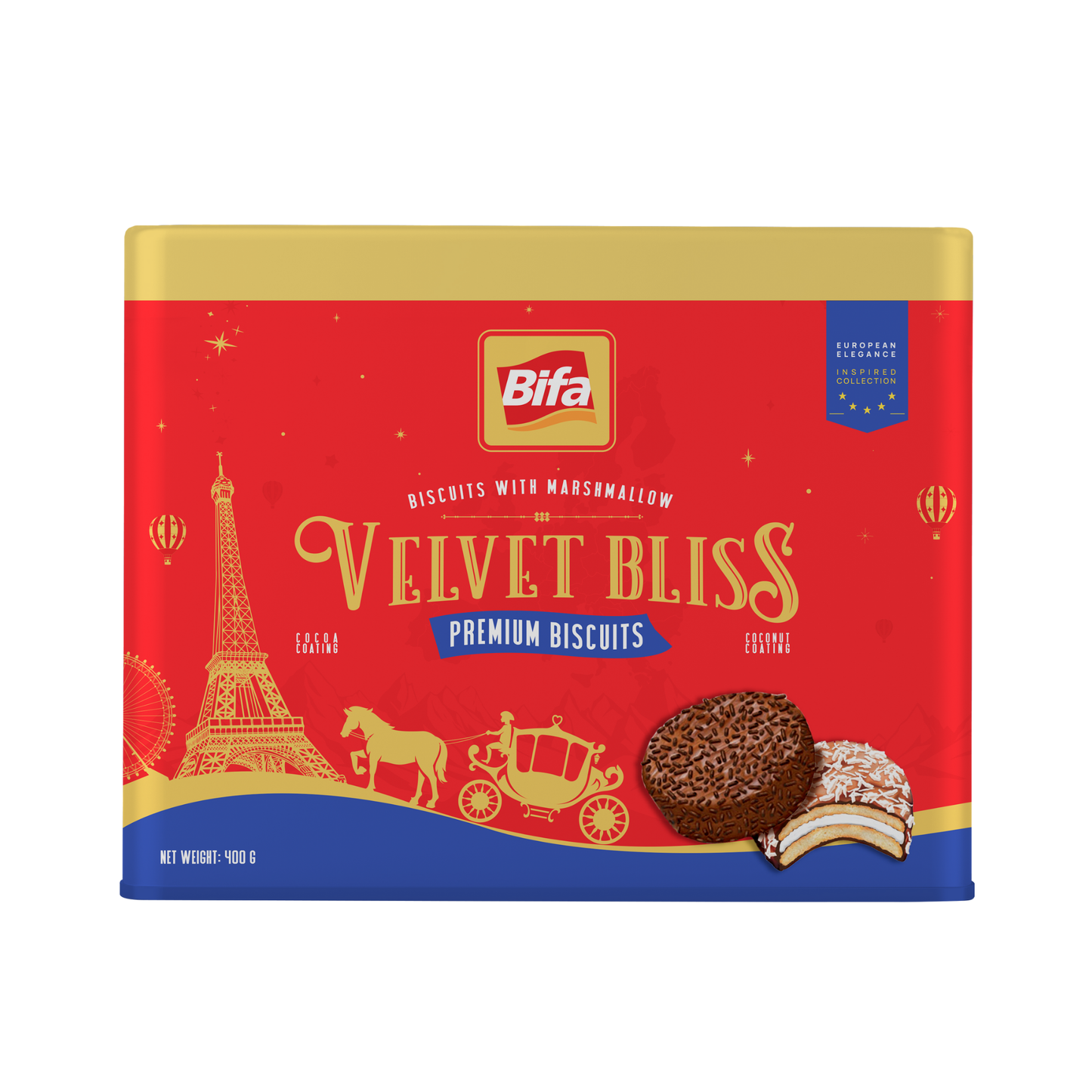 Bánh quy hỗn hợp nhân kem xốp phủ ca cao dừa Bifa Velvet Bliss 400 g