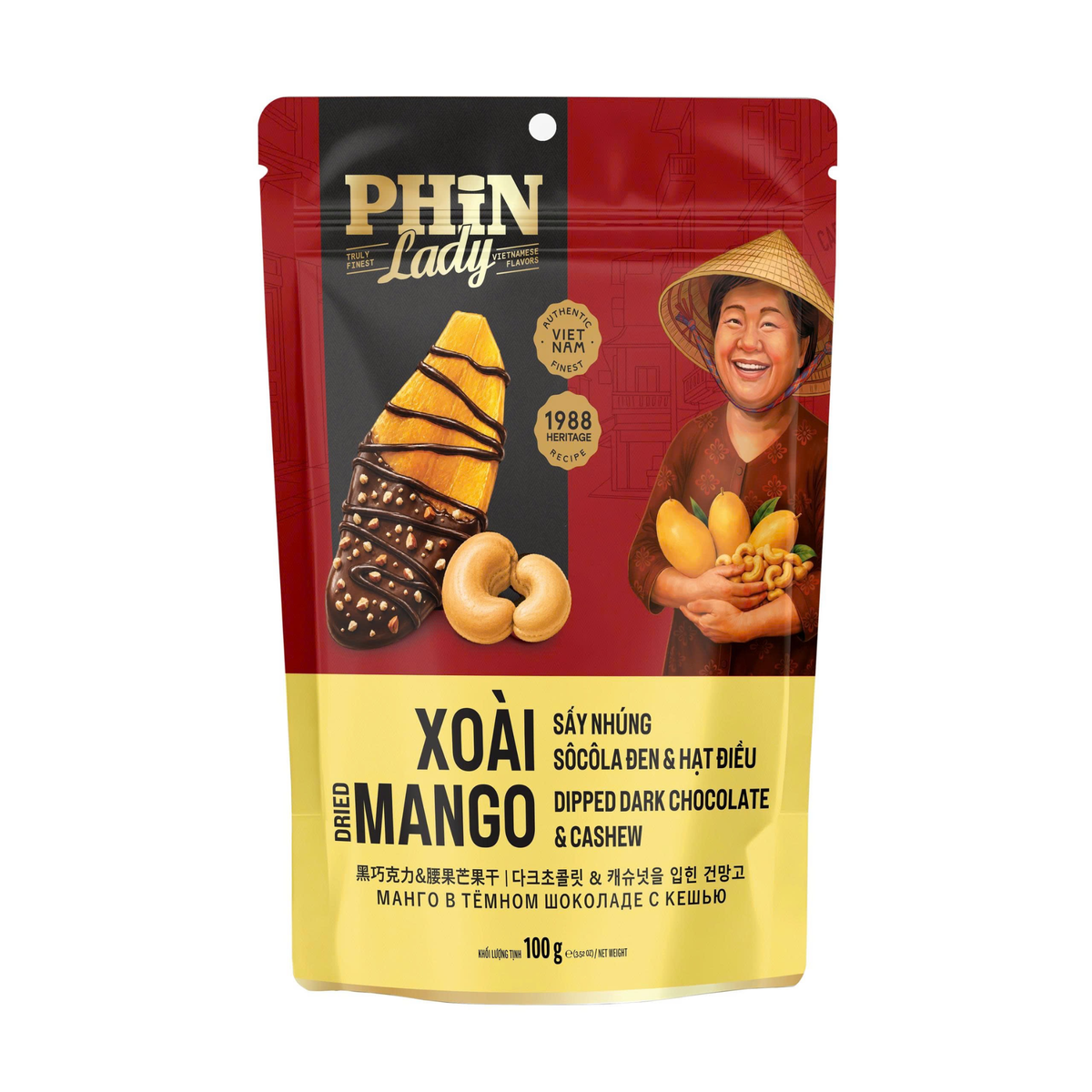 Xoài Sấy Nhúng Socola Đen & Hạt Điều Phin Lady 100g (Túi zip)